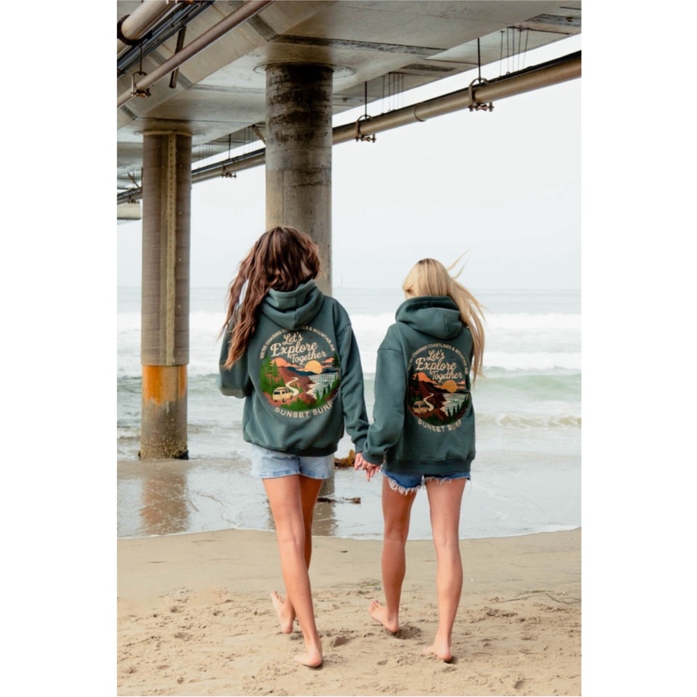 Sunset Surf Coastal Explore Hoodie Let's Explore Together Graphic Hoodie Medium - Picture 5 of 14